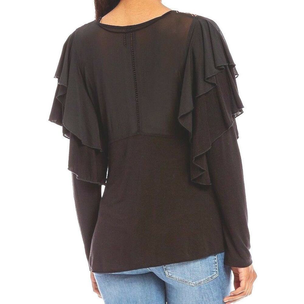 Free People Black Embroidered Ruffle Sleeve Mesh Yoke Top OB651125 Size S NEW - Picture 2 of 10